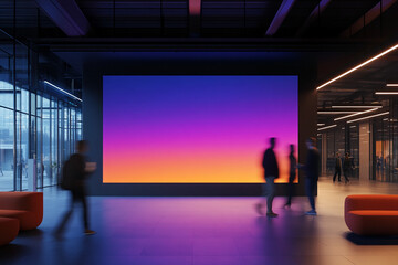 People walk by a large screen displaying a colorful gradient in an office building. The screen shows a purple, pink, and orange gradient. The people are blurred in motion