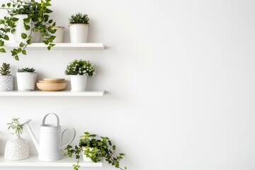Background with white room wall, wooden shelves with green plants in pots. Home interior natural decorating style