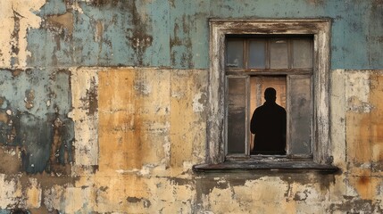 A silhouette of a person looking out of a broken window in an old, weathered building.