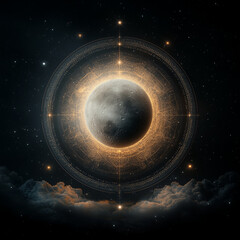 Ethereal digital illustration depicting a cosmic moon phase cycle with intricate geometric patterns, orbiting celestial elements, and glowing accents against a dark starry background.