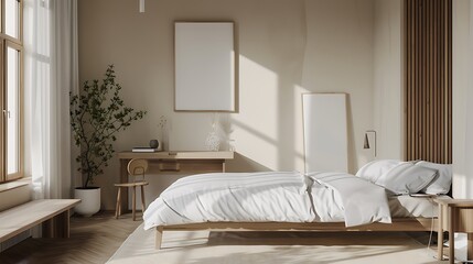 Beautiful Colored Mockup Bedroom Interior Blank Poster Decoration Art Background Image, generative AI