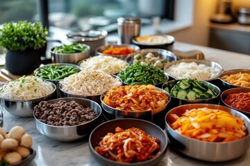 Obraz premium recipe photography, korean bibimbap ingredients elegantly displayed on a modern kitchen tabletop with space for banner text in the design