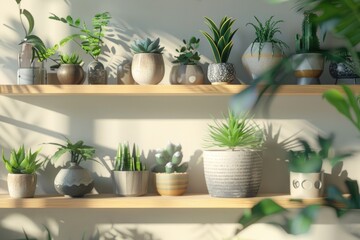 Background with white room wall, wooden shelves with green plants in pots. Home interior natural decorating style