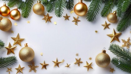  Golden ornaments and stars adorn a snowy white canvas alongside lush fir branches in a fest_1(1274)