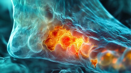 Close-up of a glowing red sore on a blue foot.