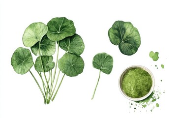 Ayurvedic Gotu Kola Plant - Illustration of Centella Asiatica in Watercolor Style