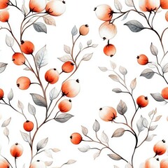 Delicate Watercolor Floral Pattern with Cotton, Berries, and Leaves on White Background