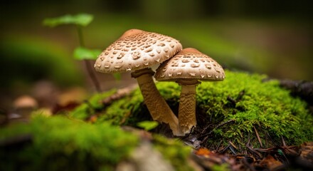 Fototapeta premium Enchanting mushrooms on mossy log