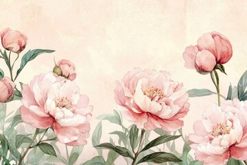 Hand Drawn Pink Peony Flower Border and Card with Watercolor Illustration