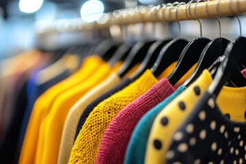 Fototapeta premium Colorful sweaters hanging on display in an inviting shop during a sunny afternoon, showcasing vibrant hues and textures. Generative AI