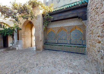 August 2024. Old Mosaic and Archway in Ancient Medina of Tangier, Morocco.