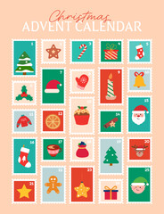 December advent calendar. Christmas countdown. Cute colorful numbered illustration postage stamps with winter elements. Postcard, poster, stamp concept.