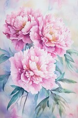 Pink Peony Watercolor Floral Border. Hand Drawn Illustration for Wedding Invitation or Greeting Card Design