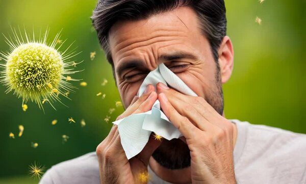 Allergic man sneezing with tissue. Portrait of handsome young allergic man is suffering from pollen allergy or cold on natural flowers. Copy space