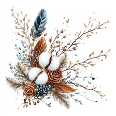 Watercolor Winter Floral Collection with Cotton Flowers, Berries and Feathers in a Vintage Greeting Card Design