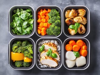Healthy meal prep containers with chicken, rice, vegetables