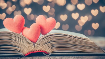 Romance novel concept with heart-shaped decorations open book