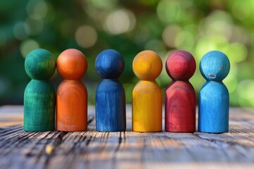 Row of Colorful Wooden Figurines on Wooden Surface