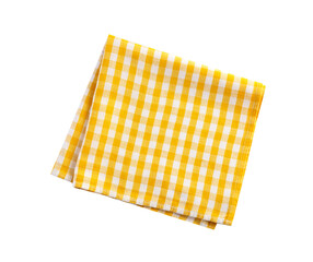 Yellow checkered folded tablecloth, gingham cloth, food decor element isolated. Kitchen towel.