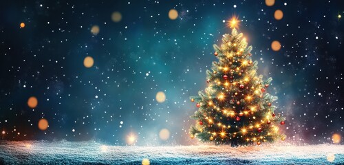 Christmas tree with glowing lights on a dark blue background, starry sky, blurred snow, and a bokeh effect This could be a Christmas card or banner template for a New Year's party Generative AI