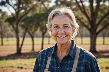 Close portrait of a smiling senior Australian female farmer standing and looking at the camera, outdoors Australian rural blurred background
