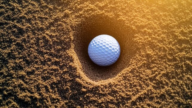 High-contrast shot of a ball resting in a sand bunker, sunlight casting shadows, golf bunker shot, challenge and skill