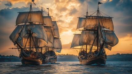 Fototapeta premium Two majestic sailing ships on the water at sunset.