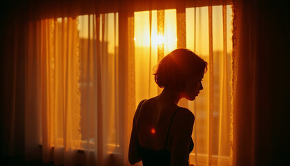 A mysterious silhouette of a woman standing by a window, gazing out as the warm sunset light filters through sheer curtains, creating an evocative ambiance.