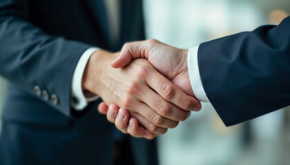 Close-up of two business professionals shaking hands, symbolizing a successful partnership or agreement, with a blurred office background.
