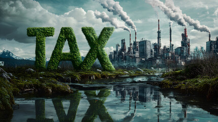  Environmental tax concept with greenery against industrial pollution backdrop, symbolizing sustainable development, eco awareness, and climate change action for future conservation