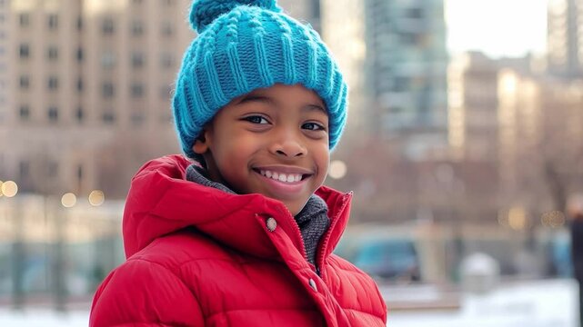 A cheerful black child boy in a red coat and blue hat enjoys a winter day outdoors in a city park