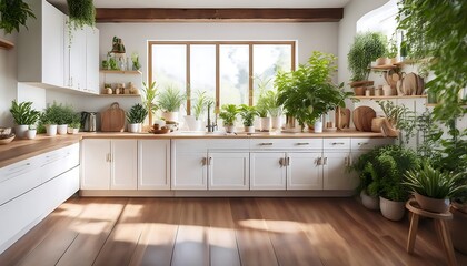 Cozy kitchen scene featuring wooden counter, white cabinets, and lush greenery showcase_1(1067)