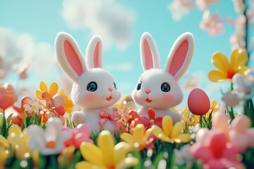 Cute Bunnies in Colorful Flower Field