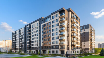 Obraz premium The image captures a modern residential apartment building with sleek, contemporary architecture