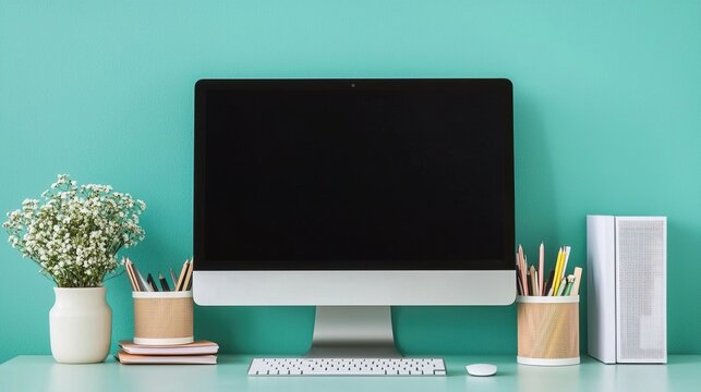 Modern Office Desk Setup with Computer and Supplies
