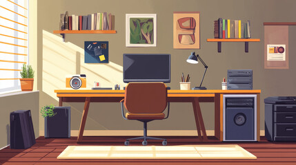 A home office interior designed for productivity and comfort would feature a modern desk with a computer or PC setup. 