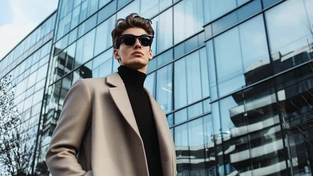 A stylish young man in a beige coat and sunglasses stands confidently outside a modern glass building on a clear day