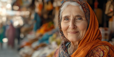 Fototapeta premium An Elderly Woman in a Vibrant Market, Wearing a Colorful Scarf, Surrounded by Colorful Textiles and Goods During a Sunny Day in a Bustling Town