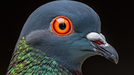 Close-up of a pigeon's face with a black background, showcasing its vibrant orange eye.