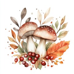 Autumn Harvest Fun: Cute Hand-Drawn Floral Pattern with Berries, Mushrooms, and Leaves
