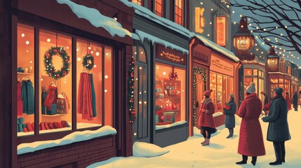 Obraz premium Festive shopping scene with vintage style and shoppers in winter clothes