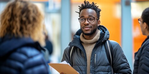 A Student Engaging in a Discussion While Holding Papers in a Modern Educational Facility, Showcasing Active Communication and Collaboration Among Peers During Daytime