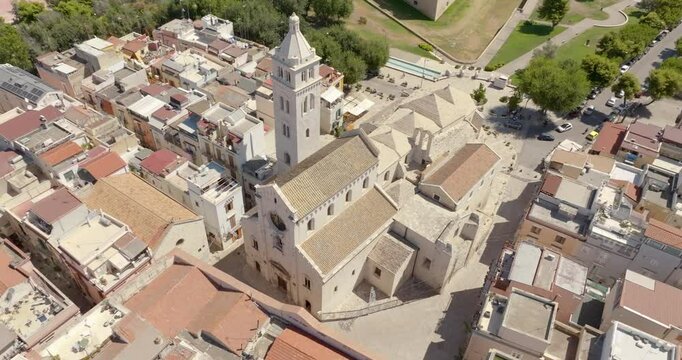 Aerial view of the Basilica of Santa Maria Maggiore in the historic center of Barletta Puglia, Italy. It is the cathedral of the city and it was built in Romanesque and Gothic styles.