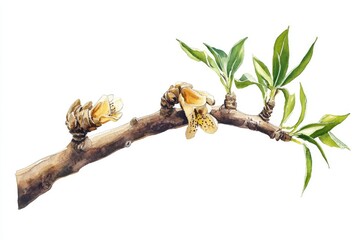 Botanical Medicine: Healing Cat's Claw Peruvian Tree Flower, Watercolor Illustration