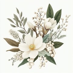 Hand Drawn Botanical Arrangement with Tropical Flowers and Dried Palm Leaves - Elegant Floral Design for Wedding Cards and Textile Prints