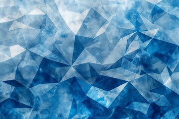 Naklejka premium Abstract low-poly pattern in various shades of blue and white, featuring faceted, crystalline shapes with a textured appearance. Modern geometric background with a cool, icy aesthetic