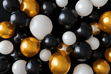 balloons in black, white, and gold colors on a dark background. 
