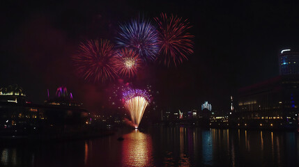 Fototapeta premium Fireworks Display Over Water With City Skyline