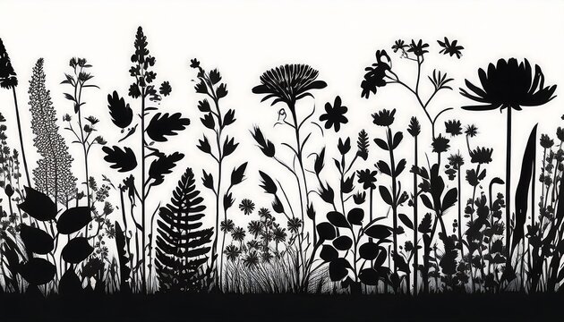  Black silhouettes of meadow herbs and flowers set against a monochrome background of variou_1(912)