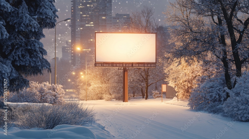 Poster a blank billboard, with a warm light emanating from its surface, is positioned in the middle of a sn